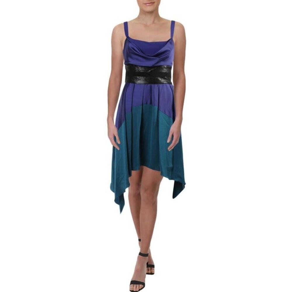Halston Heritage Purple Teal Colorblock Asymmetrical Dress Size 0 Cocktail